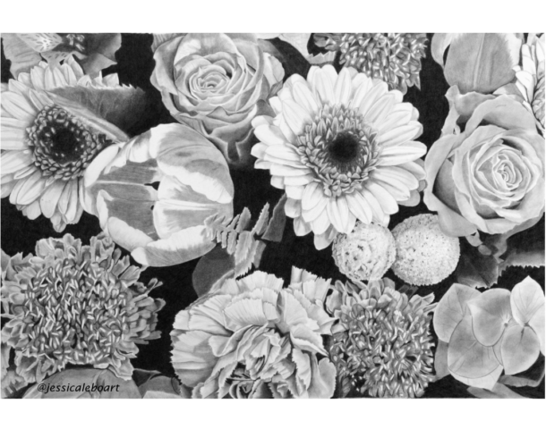 fine art graphite pencil drawing flowers bouquet