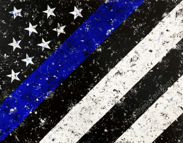 thin blue line abstract black and white cop american flag acrylic painting