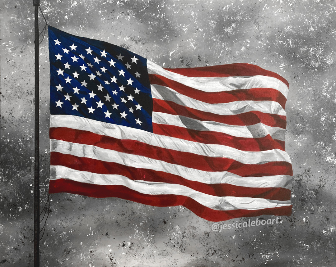 american flag waving flagpole acrylic painting