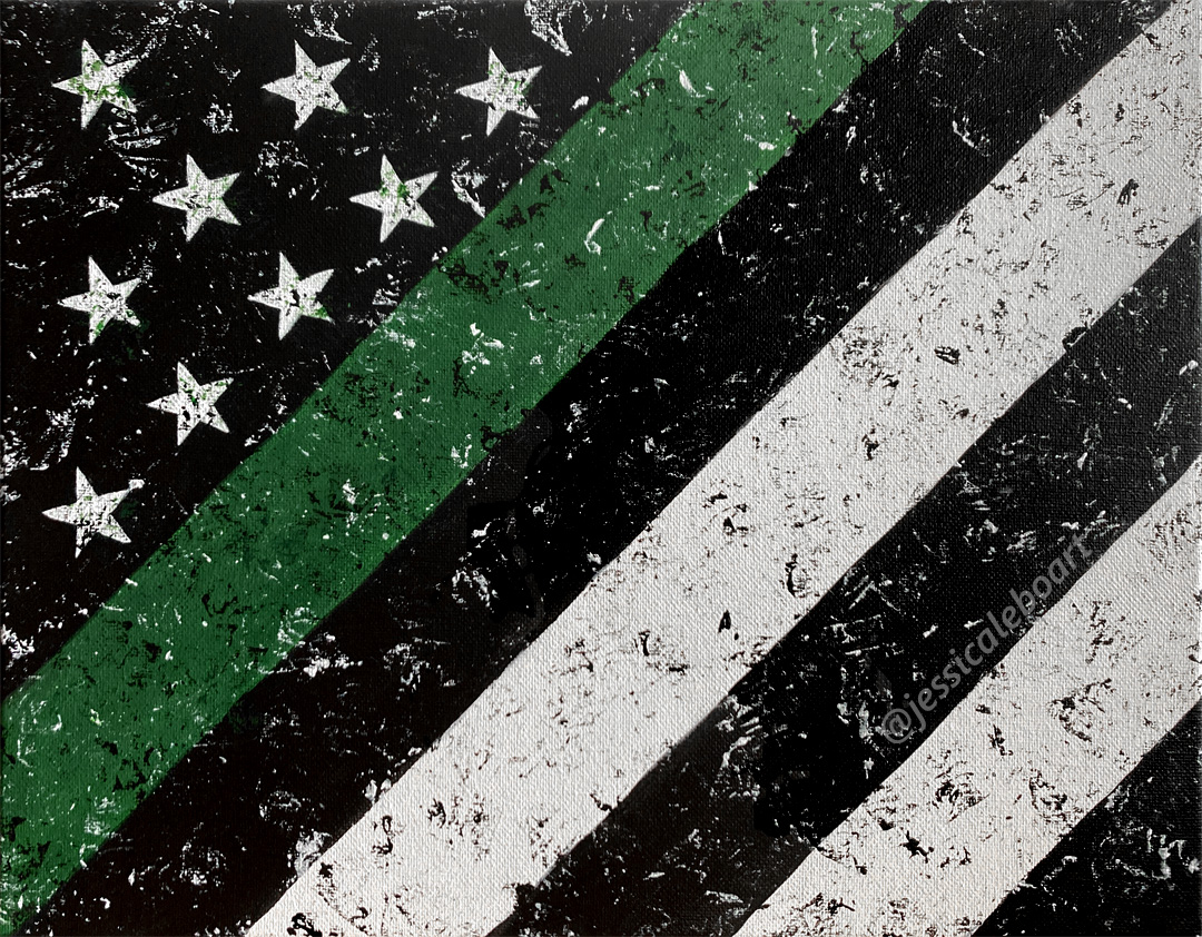 thin green line black and white american flag abstract acrylic painting