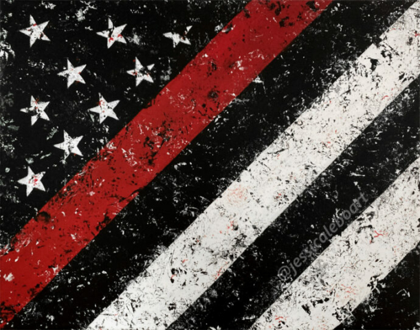 thin red line black and white abstract american flag acrylic painting