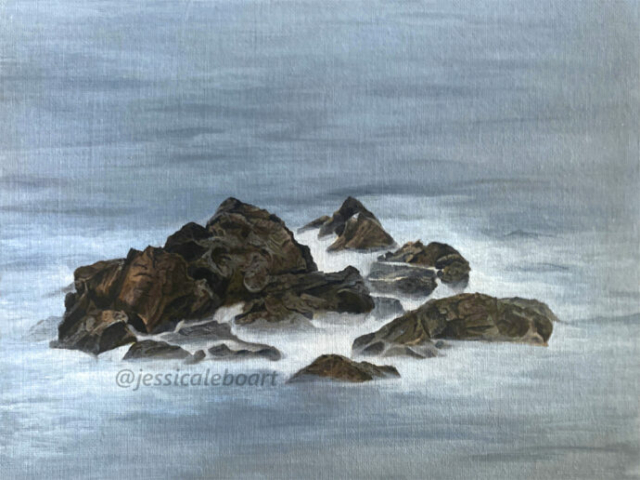 water rocks art acrylic paint realistic scenery landscape sea mist