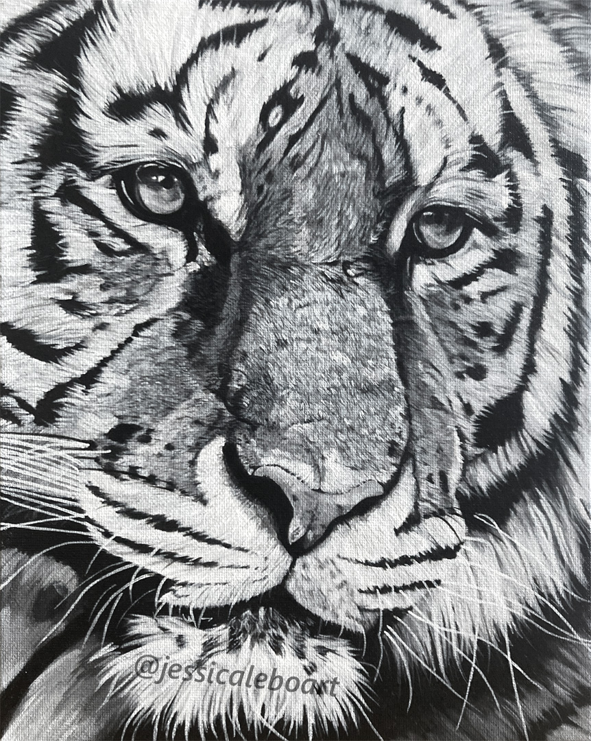 tiger painting acrylic black and white realistic face