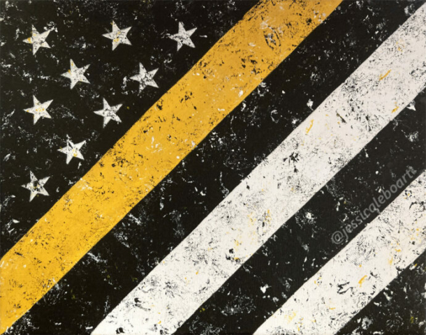 thin yellow line black and white abstract american flag acrylic painting